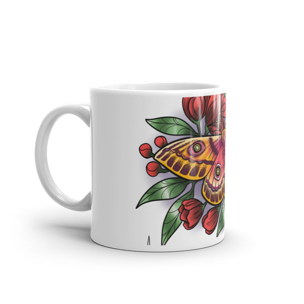White glossy mug - (Pink Moth, Red Flowers)