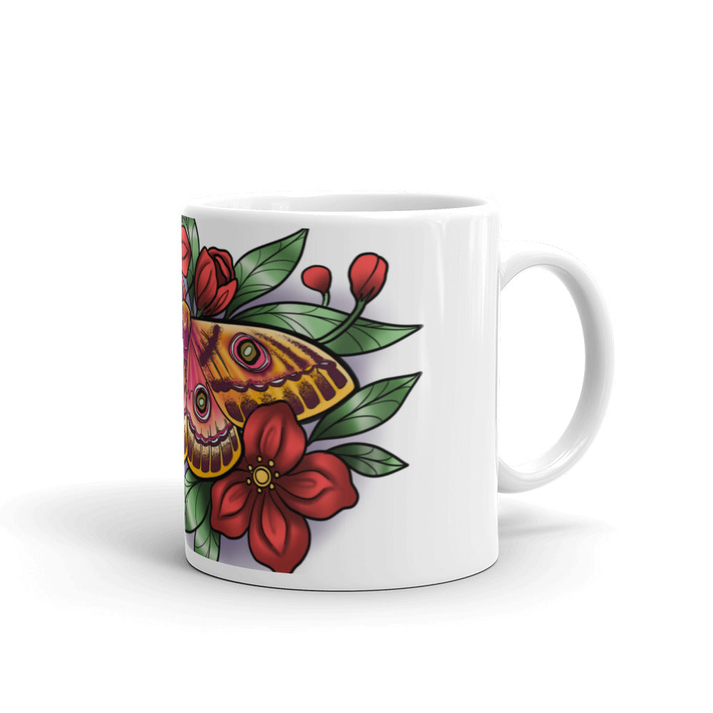 White glossy mug - (Pink Moth, Red Flowers)
