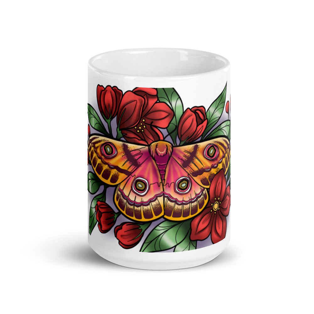 White glossy mug - (Pink Moth, Red Flowers)
