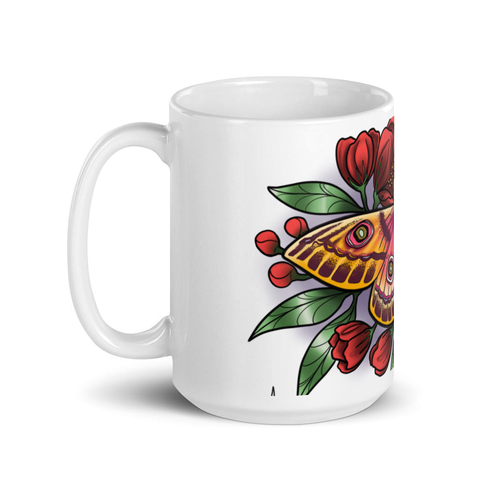 White glossy mug - (Pink Moth, Red Flowers)