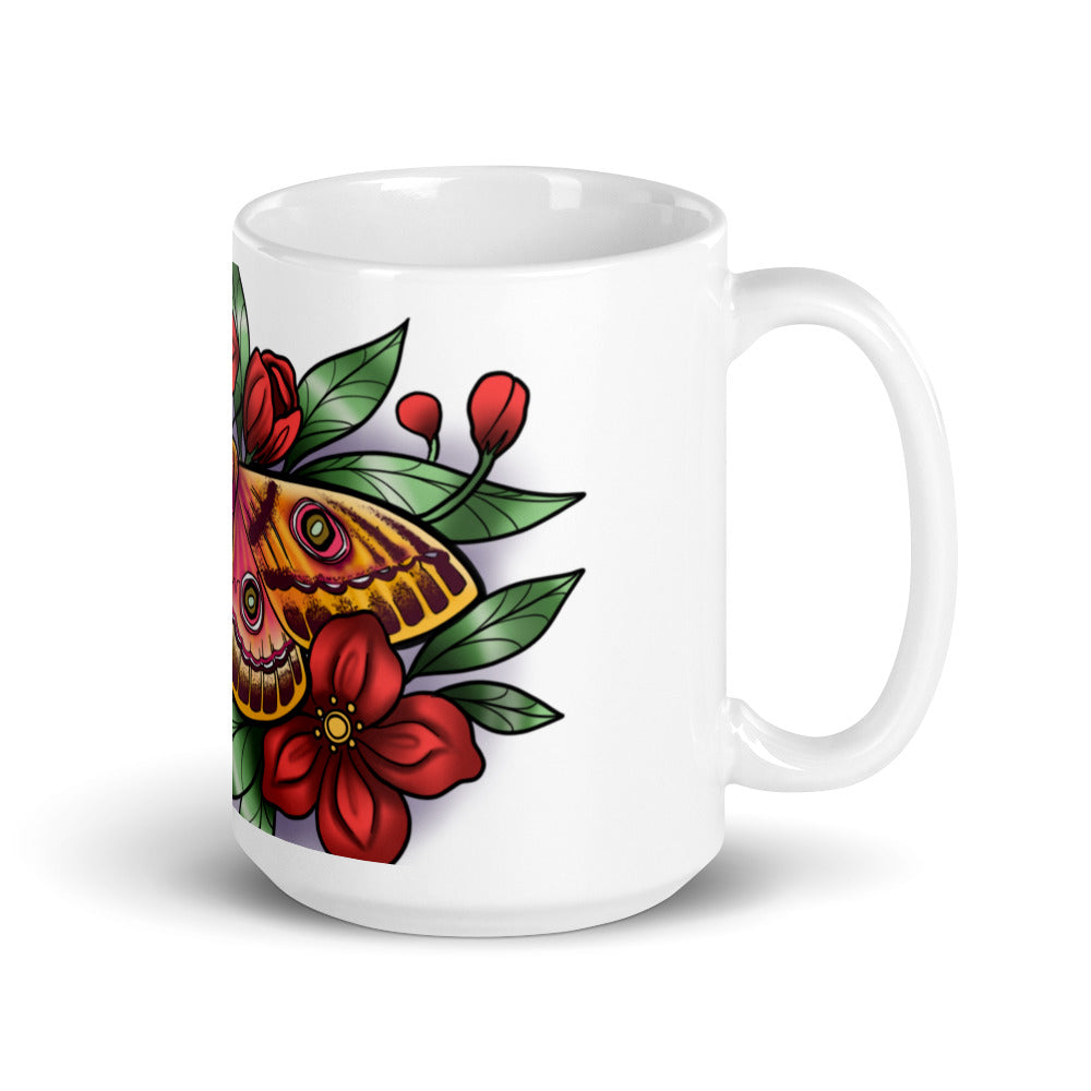 White glossy mug - (Pink Moth, Red Flowers)
